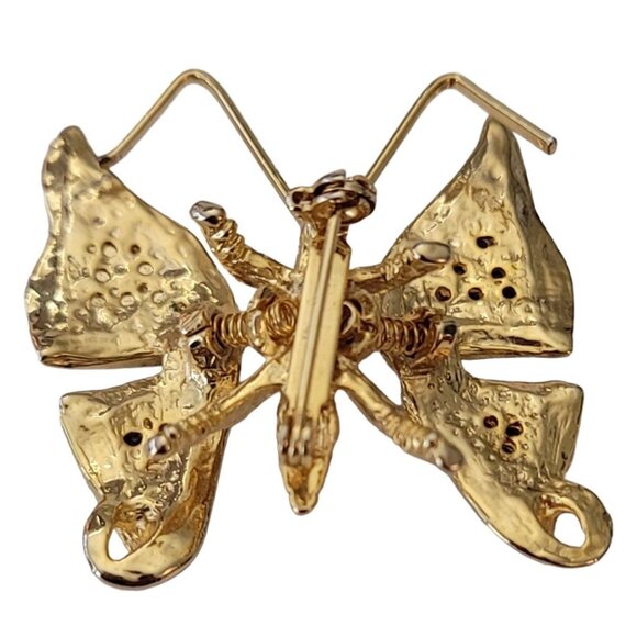 Gold Tone Clear Rhinestone Black Enamel Butterfly Trembler Brooch E652 - Picture 3 of 7